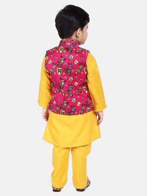 Pink Tribal Print Jacket With Yellow Stand Collar Kurta Pajama 5
