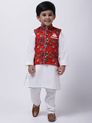 Red Tribal Print Jacket With White Stand Collar Kurta Pajama 1