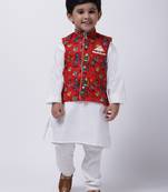 Red Tribal Print Jacket With White Stand Collar Kurta Pajama