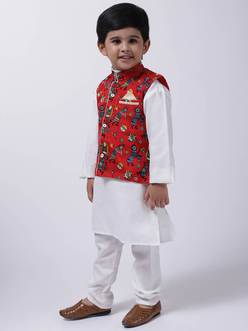 Red Tribal Print Jacket With White Stand Collar Kurta Pajama