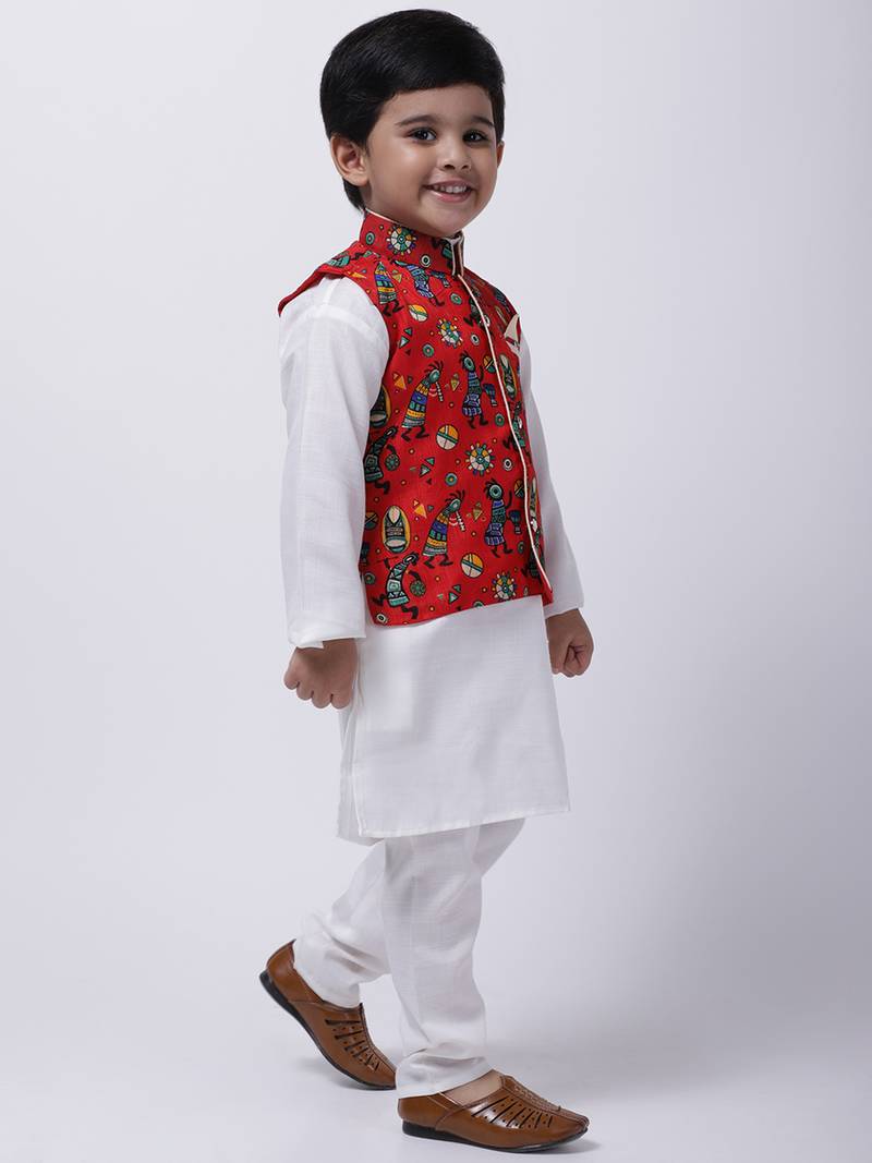 Red Tribal Print Jacket With White Stand Collar Kurta Pajama
