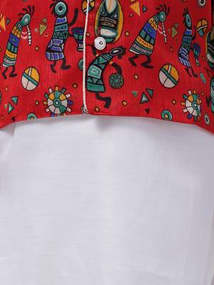 Red Tribal Print Jacket With White Stand Collar Kurta Pajama 4