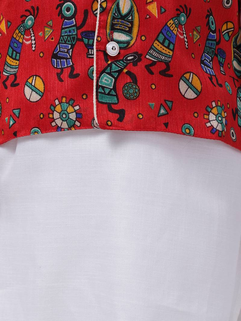 Red Tribal Print Jacket With White Stand Collar Kurta Pajama