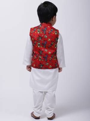 Red Tribal Print Jacket With White Stand Collar Kurta Pajama 5