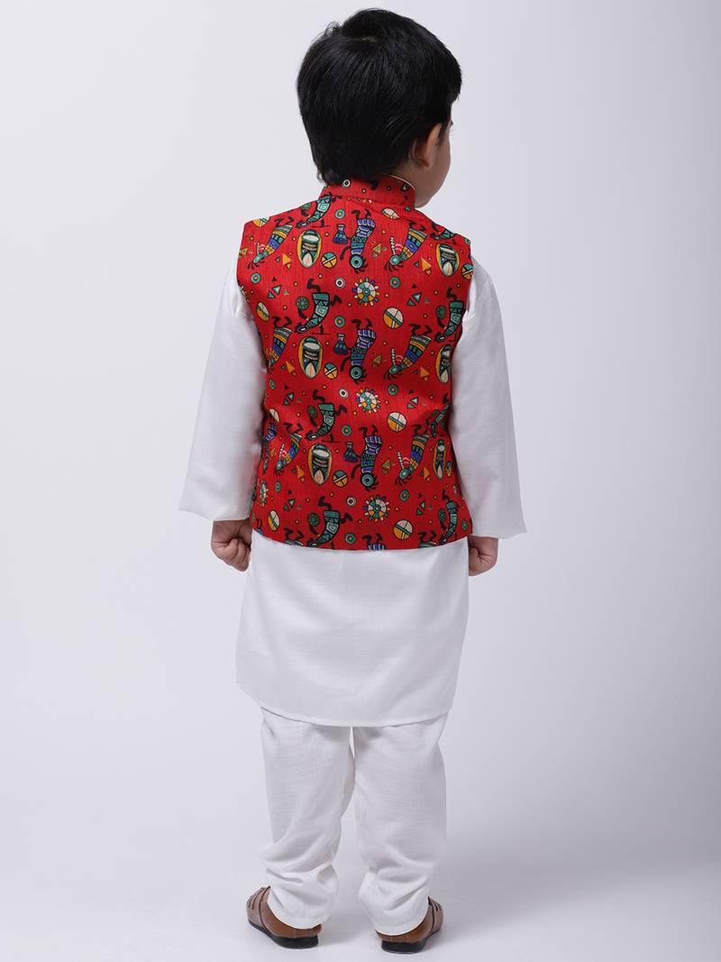 Red Tribal Print Jacket With White Stand Collar Kurta Pajama