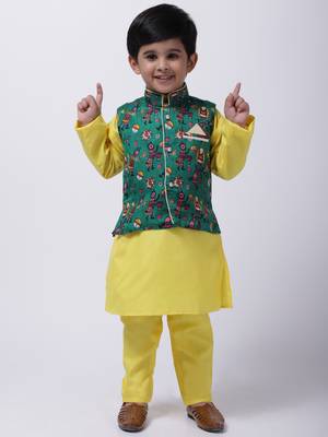 Green Tribal Print Jacket With Yellow Stand Collar Kurta Pajama 1