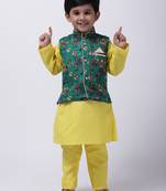 Green Tribal Print Jacket With Yellow Stand Collar Kurta Pajama