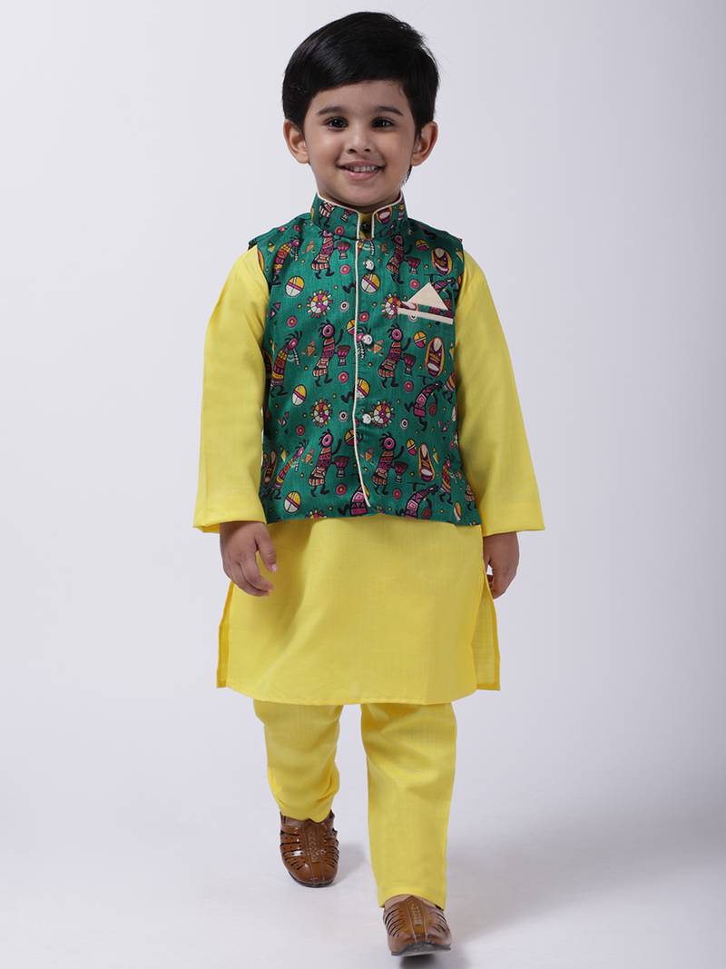 Green Tribal Print Jacket With Yellow Stand Collar Kurta Pajama