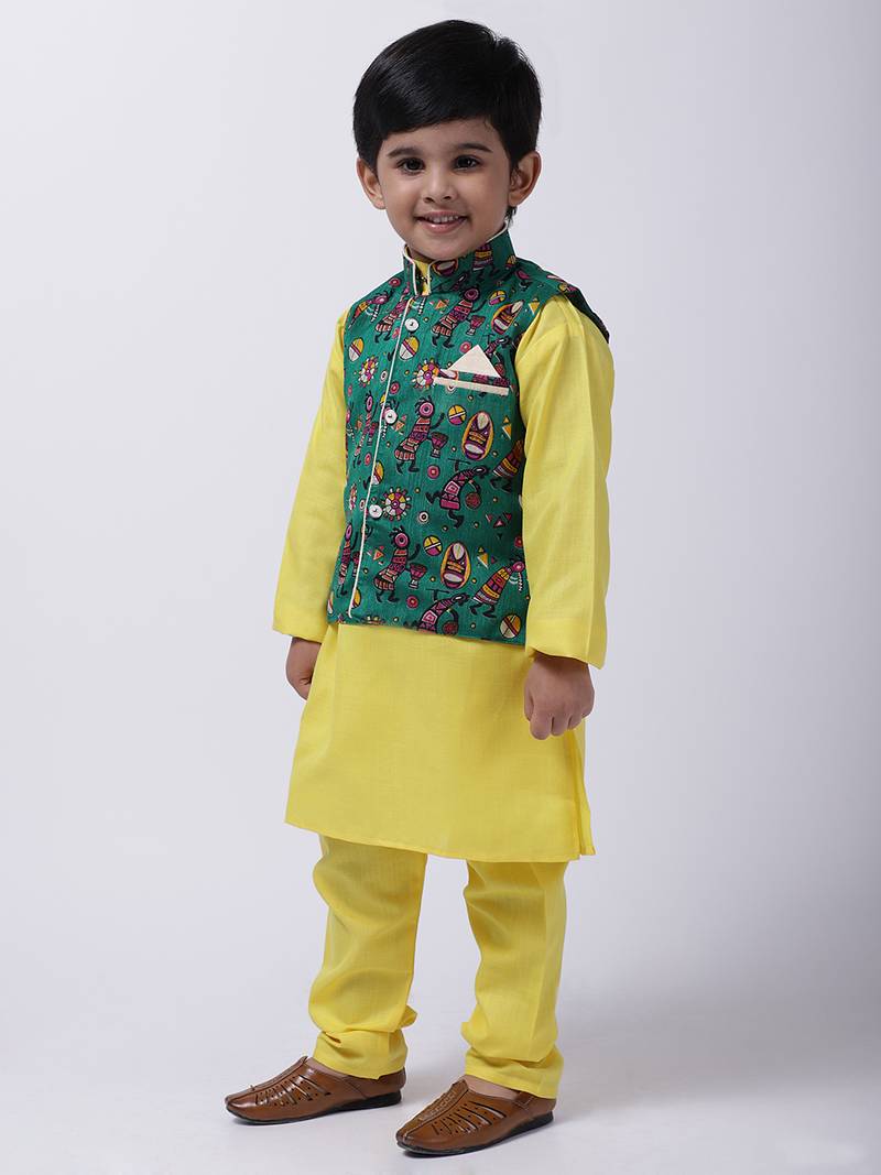 Green Tribal Print Jacket With Yellow Stand Collar Kurta Pajama
