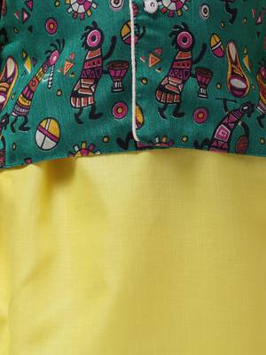 Green Tribal Print Jacket With Yellow Stand Collar Kurta Pajama 4