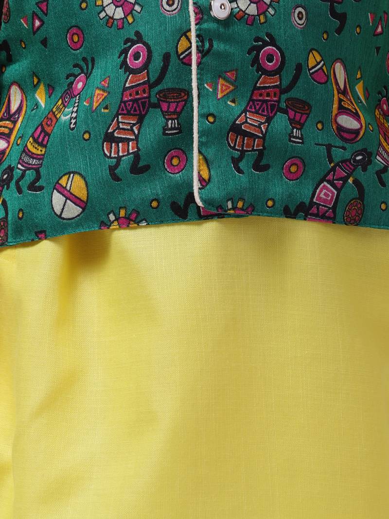 Green Tribal Print Jacket With Yellow Stand Collar Kurta Pajama