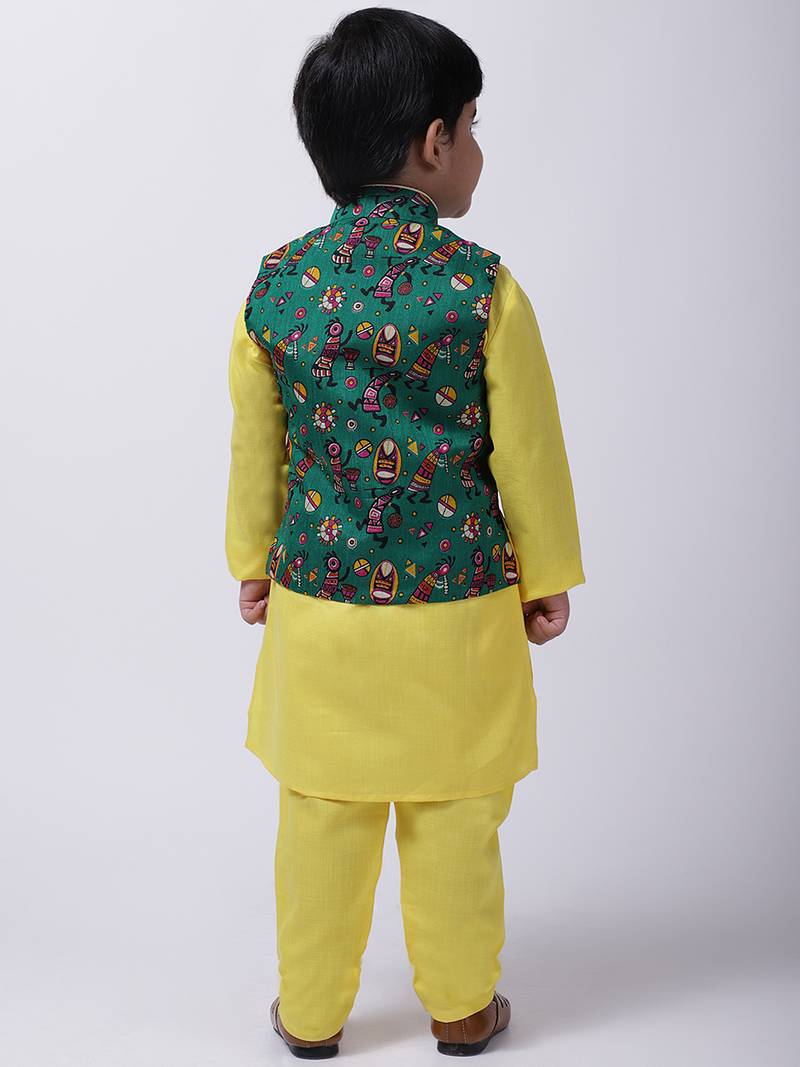 Green Tribal Print Jacket With Yellow Stand Collar Kurta Pajama