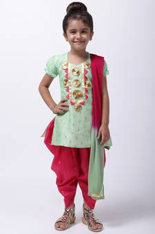 Green Chanderi Round Neck Kurti With Dhoti For Girls