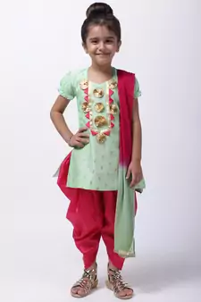 Green Chanderi Round Neck Kurti With Dhoti For Girls