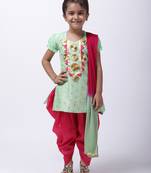 Green Chanderi Round Neck Kurti With Dhoti For Girls