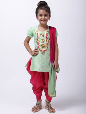 Green Chanderi Round Neck Kurti With Dhoti For Girls 2