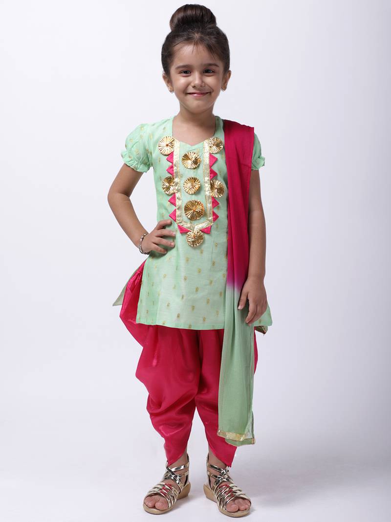 Green Chanderi Round Neck Kurti With Dhoti For Girls