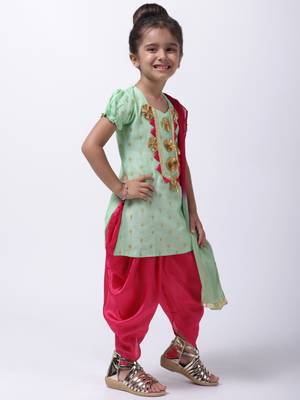 Green Chanderi Round Neck Kurti With Dhoti For Girls 3