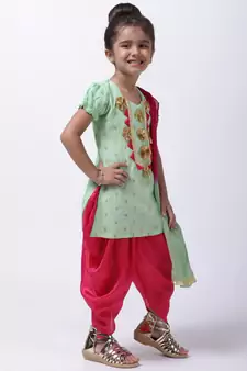 Green Chanderi Round Neck Kurti With Dhoti For Girls
