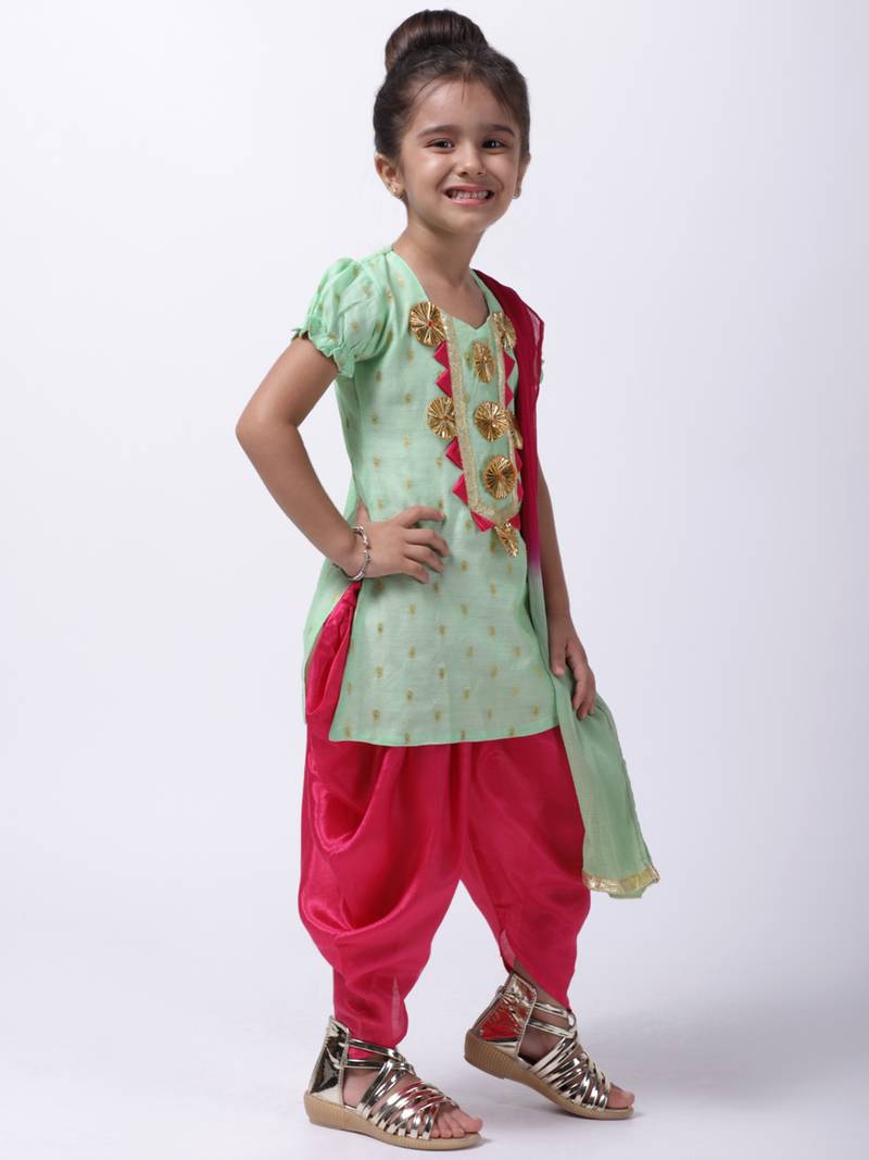 Green Chanderi Round Neck Kurti With Dhoti For Girls