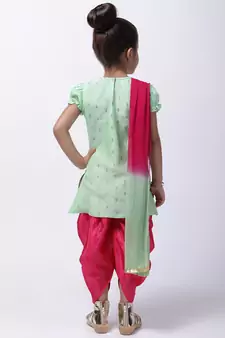 Green Chanderi Round Neck Kurti With Dhoti For Girls