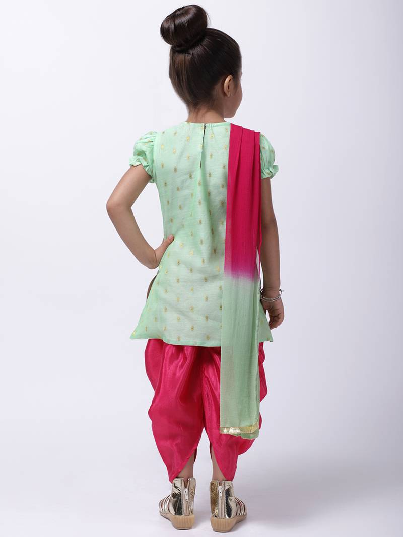 Green Chanderi Round Neck Kurti With Dhoti For Girls