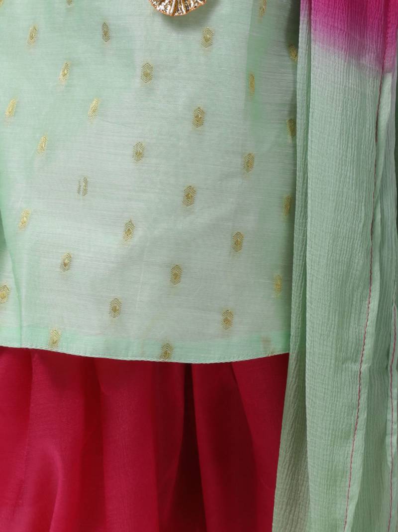 Green Chanderi Round Neck Kurti With Dhoti For Girls