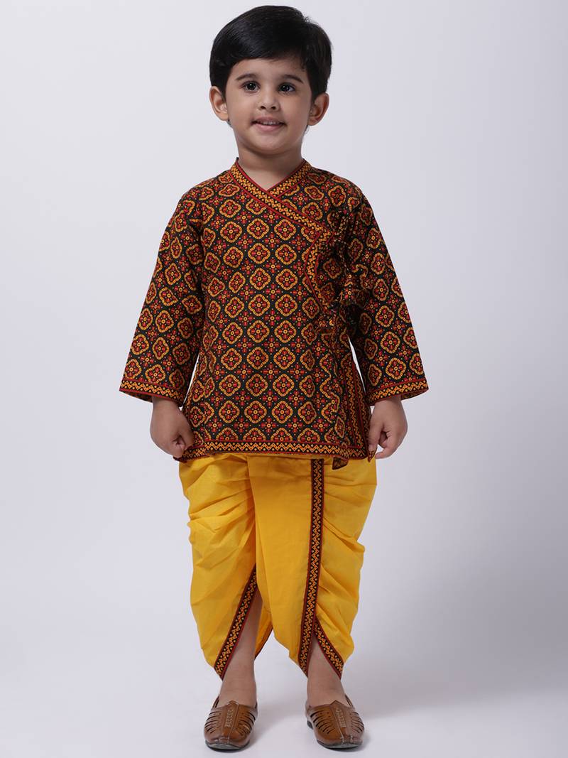 Black Jaipuri Print Cotton Kedia Dhoti Set