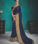   royal blue embroidered silk blend saree with blouse