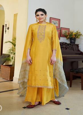 Yellow embroidered cotton silk salwar 1