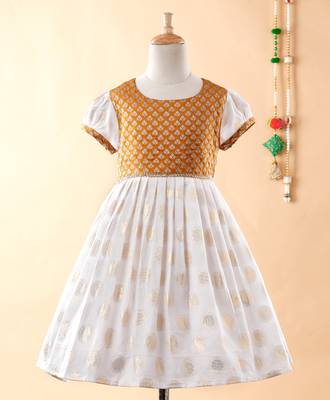 Gold printed brocade kids-frocks 1