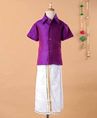 Purple cotton silk shirt and mundu for boys 1