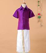 Purple cotton silk shirt and mundu for boys