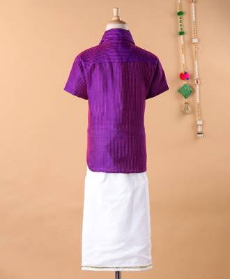 Purple cotton silk shirt and mundu for boys 2
