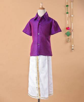 Purple cotton silk shirt and mundu for boys 3