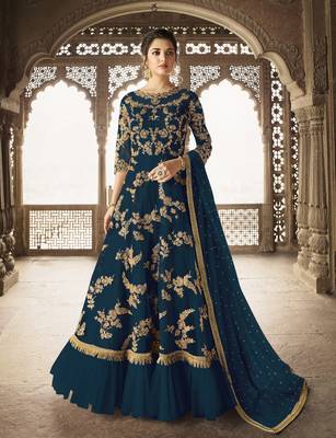 Dark-turquoise embroidered net salwar 1