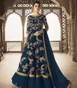 Dark-turquoise embroidered net salwar