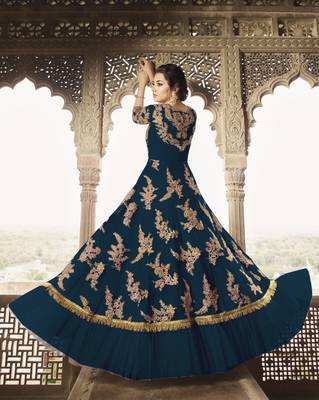 Dark-turquoise embroidered net salwar 2