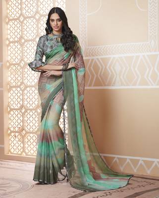 Green Printed Chiffon Saree With Blouse 1