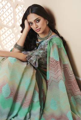 Green Printed Chiffon Saree With Blouse 2