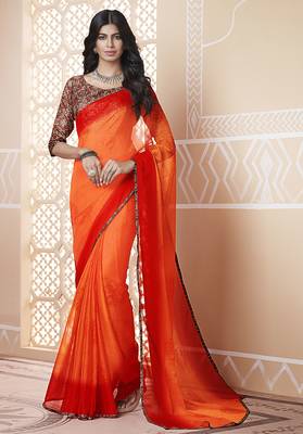 Orange Printed Chiffon Saree With Blouse 1