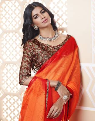 Orange Printed Chiffon Saree With Blouse 2