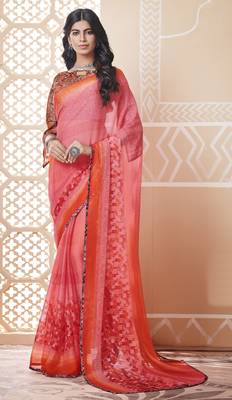 Pink Printed Chiffon Saree With Blouse 1