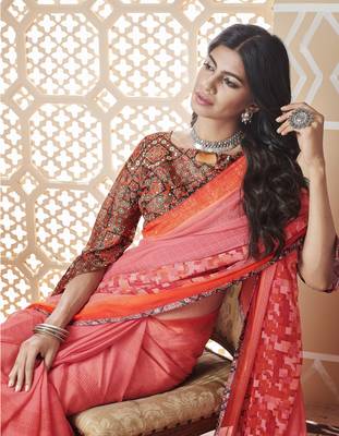 Pink Printed Chiffon Saree With Blouse 2