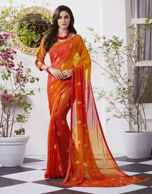 Orange Printed Faux Georgette Saree With Blouse 1
