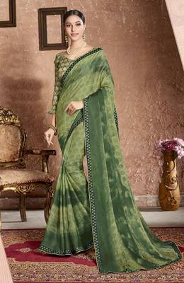 Green Printed Chiffon Saree With Blouse 1