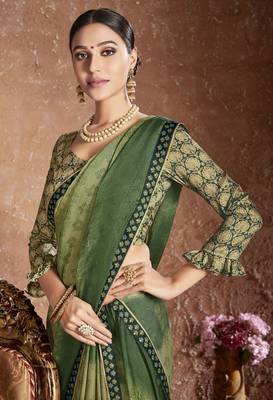 Green Printed Chiffon Saree With Blouse 2
