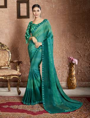 Green Printed Chiffon Saree With Blouse 1