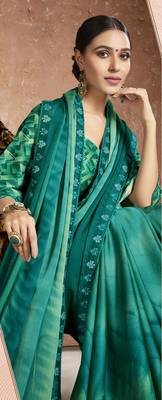 Green Printed Chiffon Saree With Blouse 2