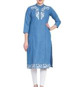 Blue embroidered cotton kurtas-and-kurtis